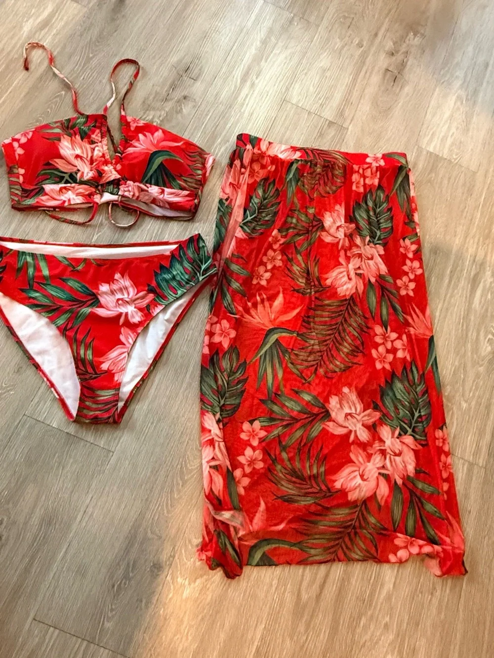 Red Floral Bikini Set with Matching Sarong